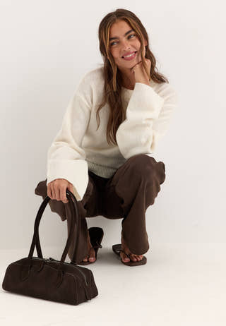 Knitted Wool Blend Wide Sleeve Sweater White