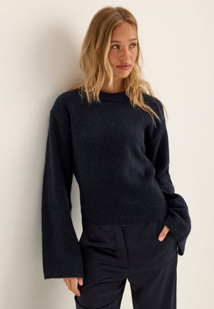 Knitted Wool Blend Wide Sleeve Sweater Blue