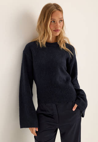 Knitted Wool Blend Wide Sleeve Sweater Blue