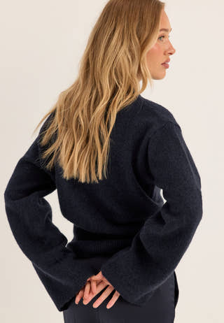 Knitted Wool Blend Wide Sleeve Sweater Blue