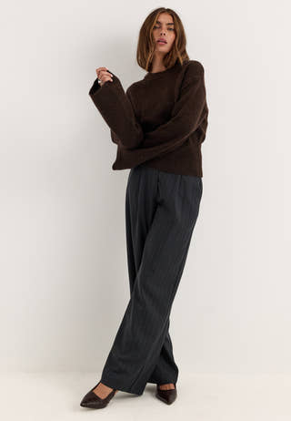 Knitted Wool Blend Wide Sleeve Sweater Brown