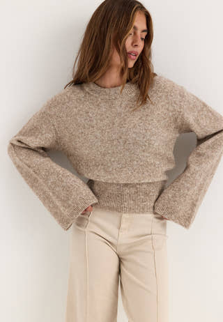 Knitted Wool Blend Wide Sleeve Sweater Beige