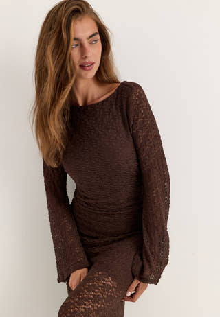 Long Sleeve Lace Maxi Dress Brown
