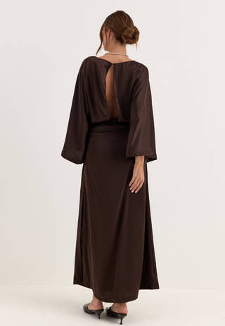 Kimono Sleeve Satin Maxi Dress Brown