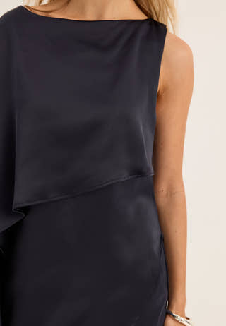 Asymmetric One Shoulder Satin Top Blue