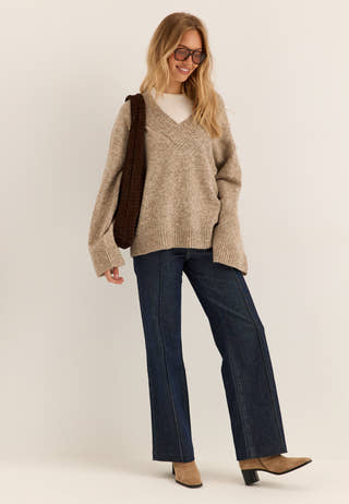 Knitted V-neck Sweater Beige
