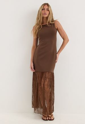 Combined Lace Maxi Dress Brown