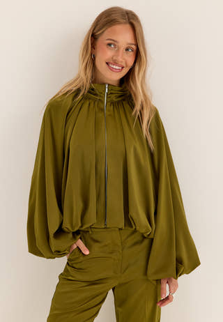 Bubble Hem Satin Jacket Green
