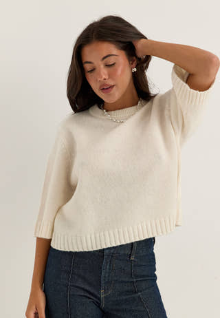 Knitted Wool Blend Short Sleeve Sweater White