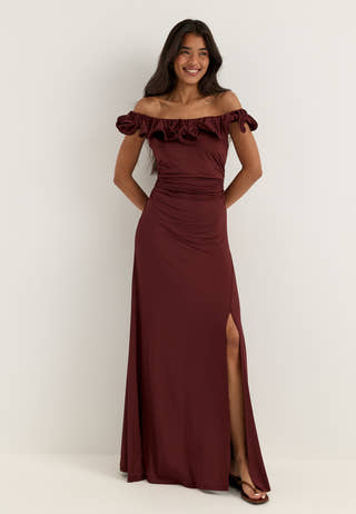 Flounce Neckline Soft Gown Red