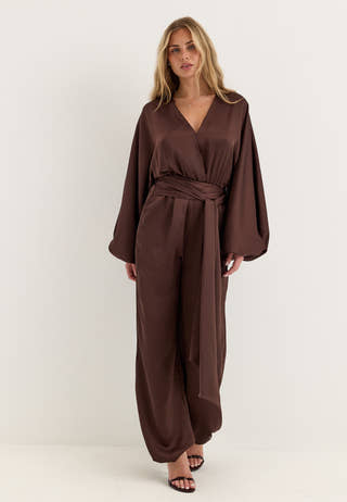 Satin Bubble Hem Jumpsuit Brown