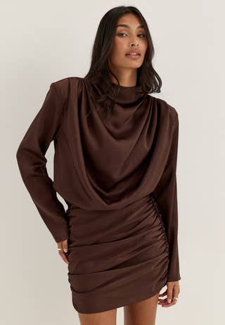 Ruched Satin Mini Dress Brown
