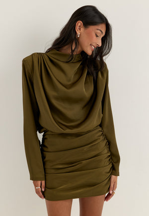 Ruched Satin Mini Dress Green