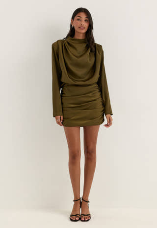 Ruched Satin Mini Dress Green