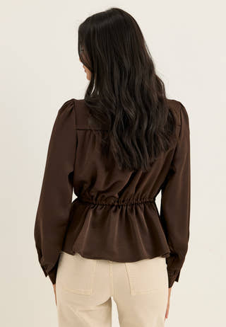 Satin Puff Sleeve Blouse Brown