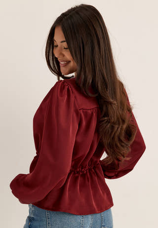 Satin Puff Sleeve Blouse Red