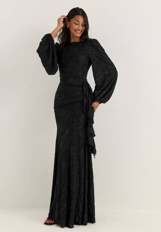 Balloon Sleeve Soft Jacquard Gown Black