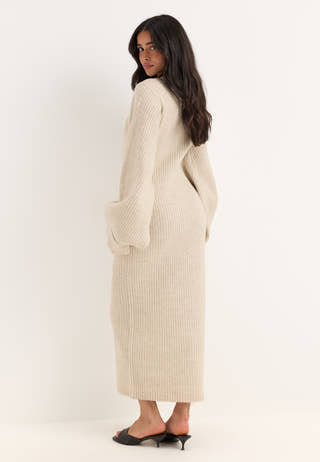 Knitted Volume Sleeve Cardigan Dress White