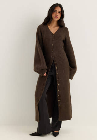 Knitted Volume Sleeve Cardigan Dress Brown