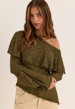 Saga Asymmetric Lace Top Green