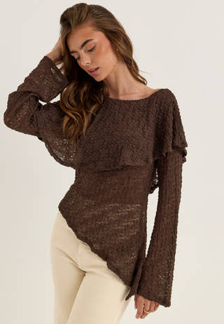 Saga Asymmetric Lace Top Brown