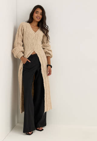 Cable Knitted Volume Sleeve Cardigan Dress Beige