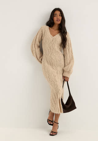 Cable Knitted Volume Sleeve Cardigan Dress Beige