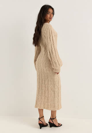 Cable Knitted Volume Sleeve Cardigan Dress Beige