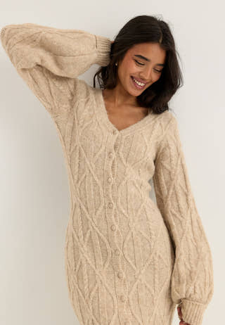 Cable Knitted Volume Sleeve Cardigan Dress Beige