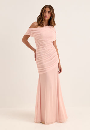 Off Shoulder Mesh Gown Pink