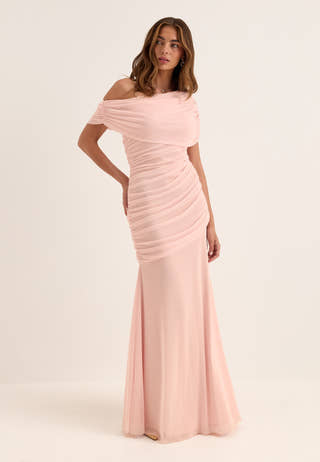 Off Shoulder Mesh Gown Pink