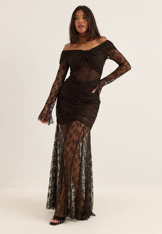 Off Shoulder Lace Gown Brown