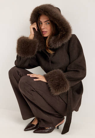 Hooded Wool Blend Coat Brown