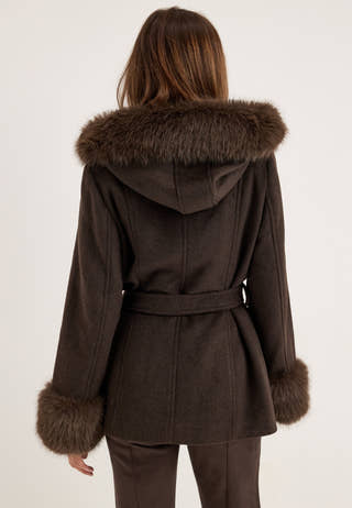 Hooded Wool Blend Coat Brown