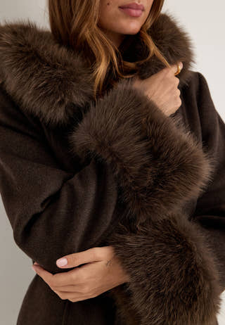 Hooded Wool Blend Coat Brown