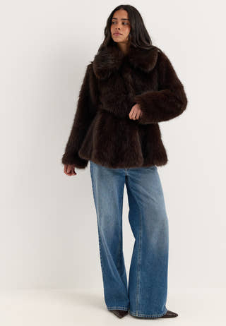 Short Peplum Faux Fur Coat Brown