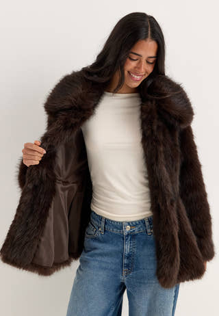 Short Peplum Faux Fur Coat Brown