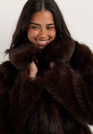 Short Peplum Faux Fur Coat Brown