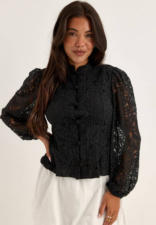 Lace Button Blouse Black