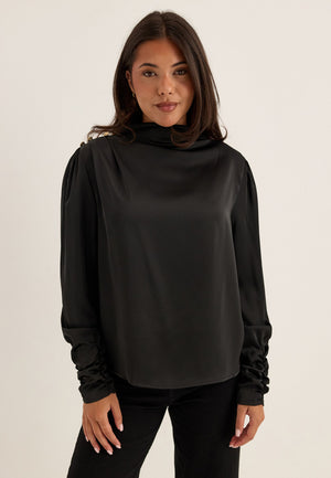 Satin Button Detail Blouse Black