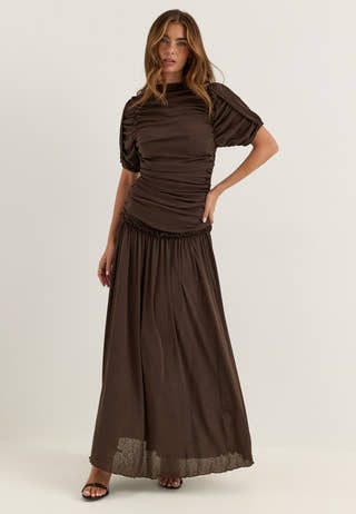 Draped Ruched Ankle Dress Brown