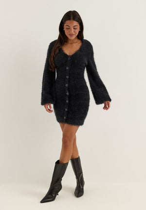 Fluffy Knitted V-neck Cardigan Dress Black
