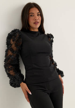 3D Floral Sleeve Top Black