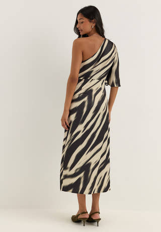 Ruched One Shoulder Satin Midi Dress Patterned