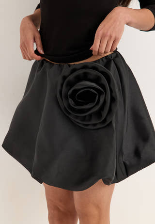 Rose Bubble-Hem Satin Mini Skirt/Top Black