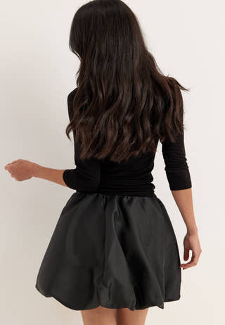Rose Bubble-Hem Satin Mini Skirt/Top Black