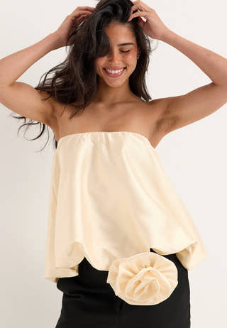 Rose Bubble-Hem Satin Mini Skirt/Top White