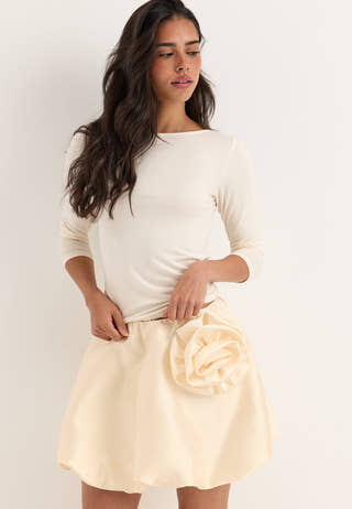 Rose Bubble-Hem Satin Mini Skirt/Top White