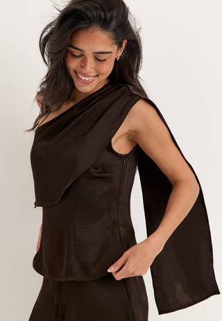 Satin One Shoulder Blouse Brown
