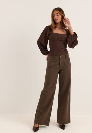 Square Neck Long Sleeve Top Brown